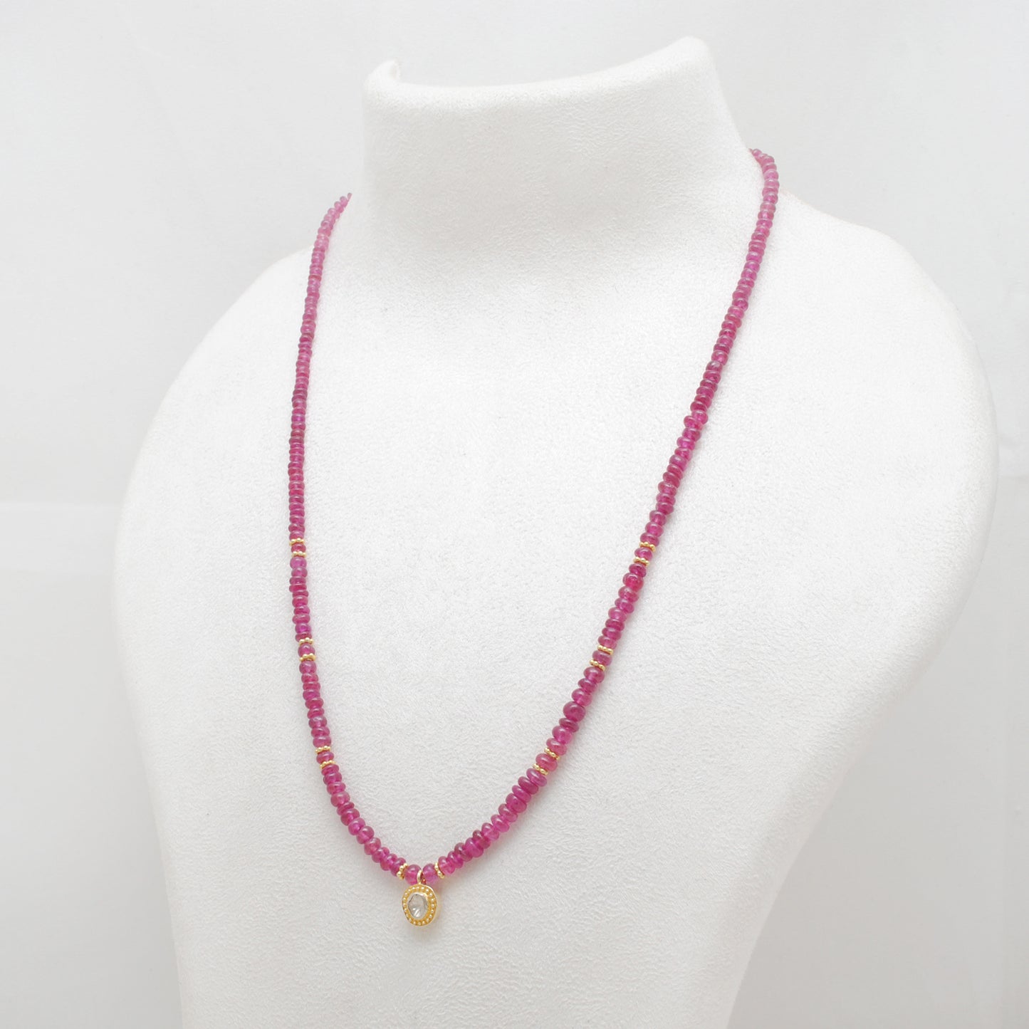 Ruby Beaded Necklace with Rose Cut Diamond Pendant - Flat Lay View
