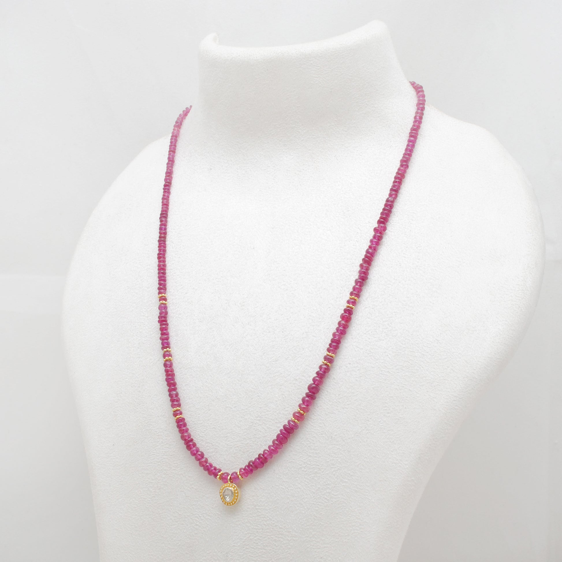 Ruby Beaded Necklace with Rose Cut Diamond Pendant - Flat Lay View