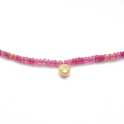 Ruby Beaded Necklace Rose Cut Diamond - Overhead View Handmade