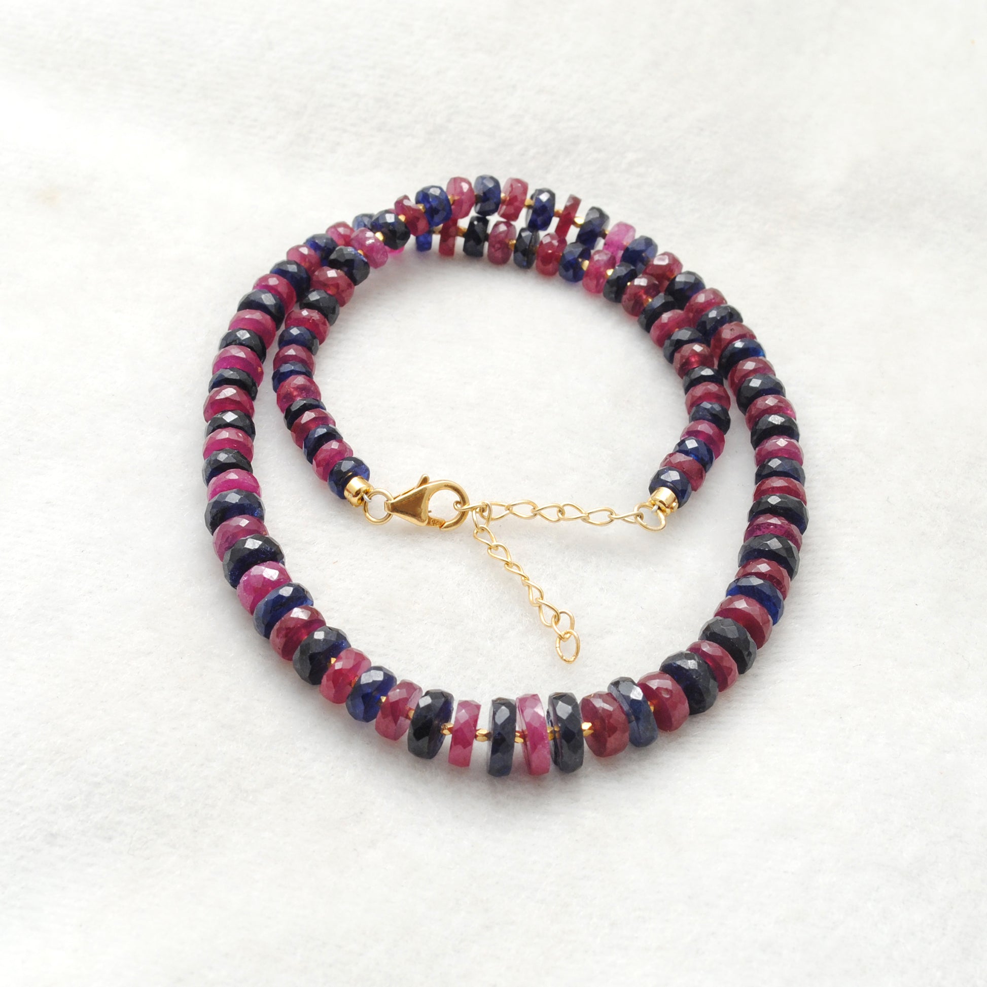 Ruby Blue Sapphire Beaded Strand Necklace - Overhead View