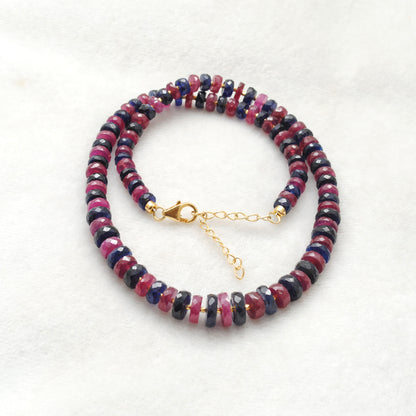 Ruby Blue Sapphire Beaded Strand Necklace - Overhead View