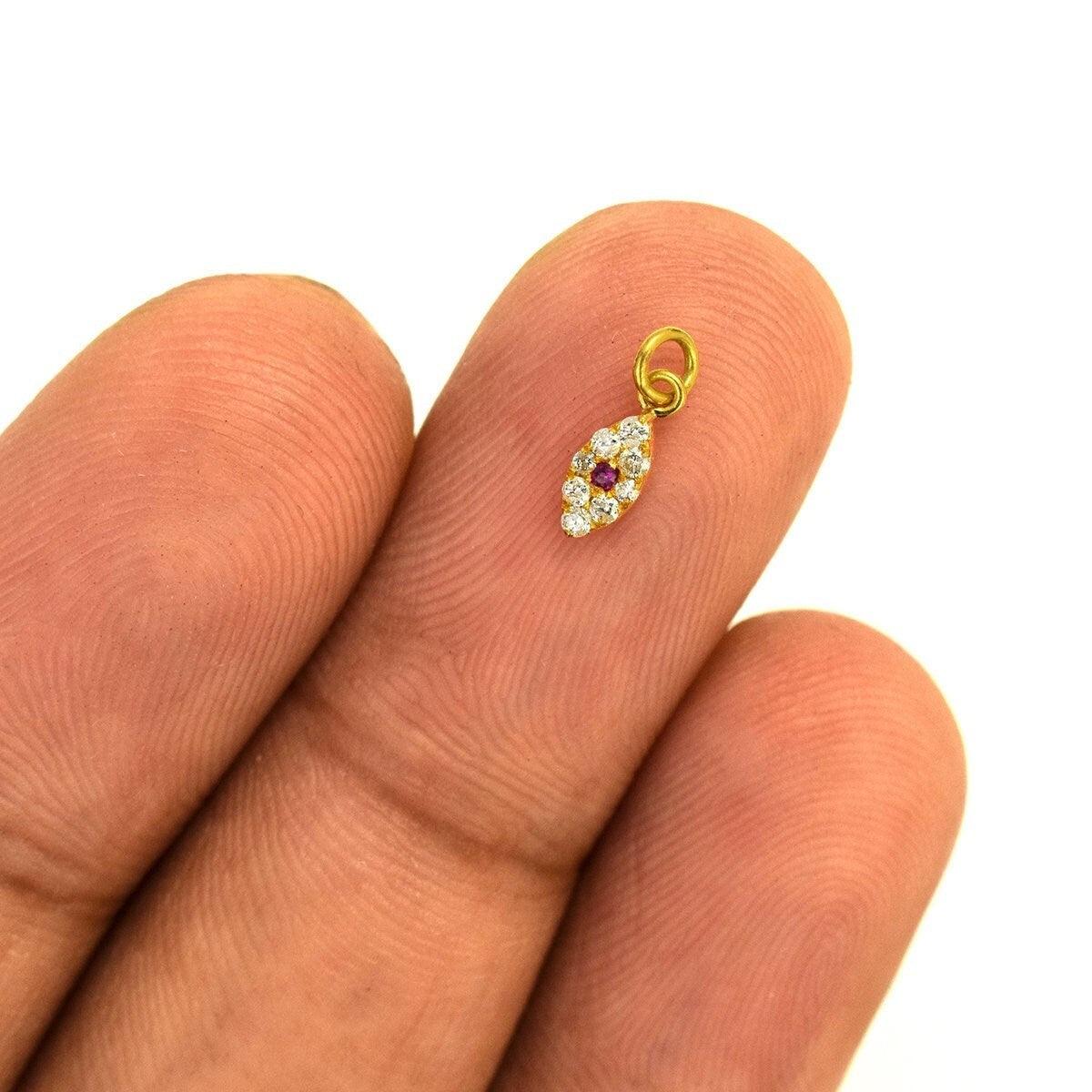 Ruby Diamond Evil Eye Gold Charm 6x3mm – Close-Up Detail