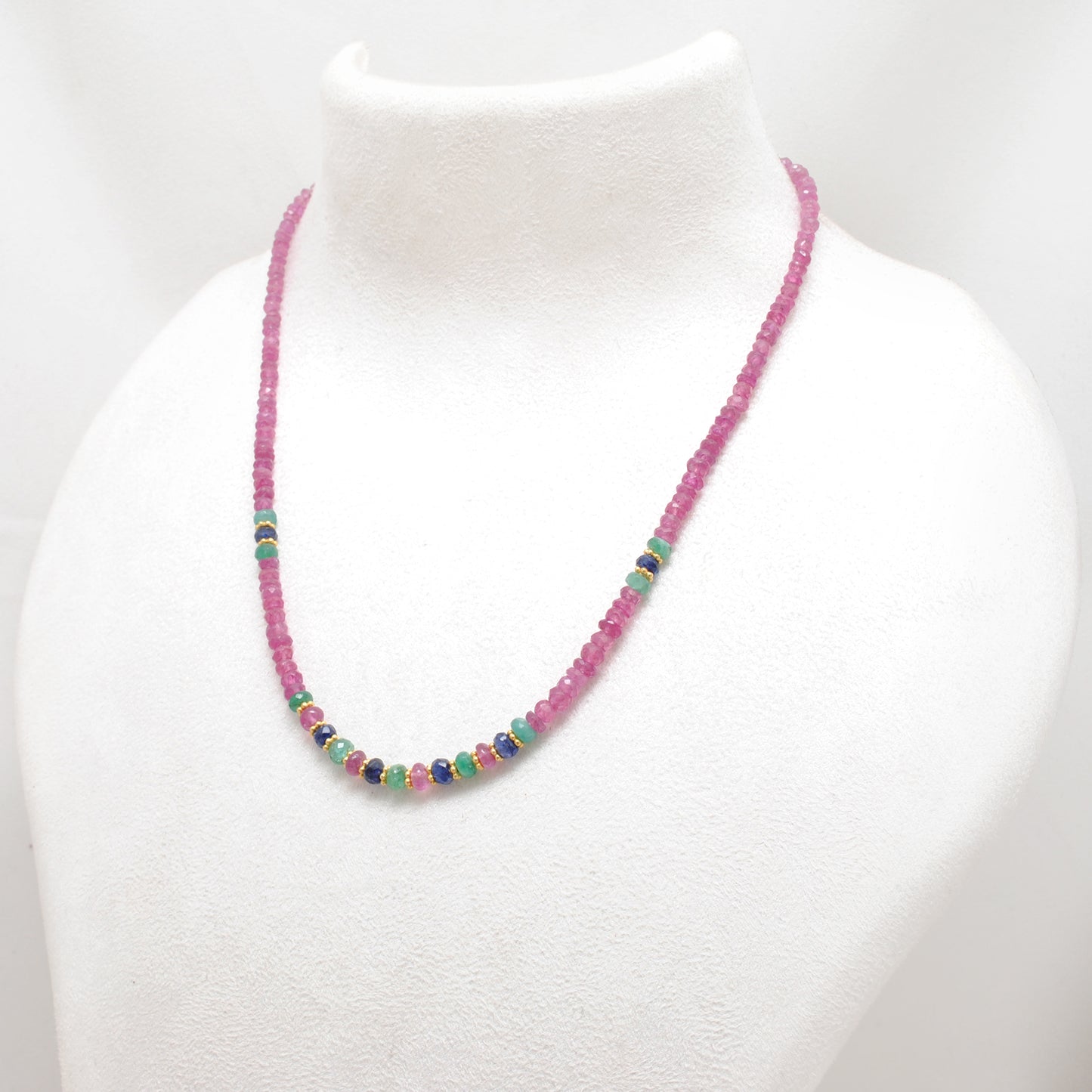 Ruby Emerald Sapphire Multi-Gemstone Strand Necklace - Side Profile