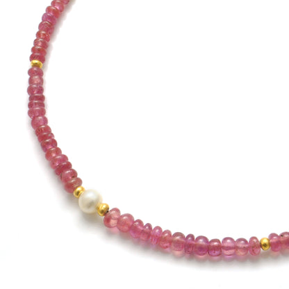 Ruby Pearl Gold Strand Necklace - Side Profile Handmade Gemstone