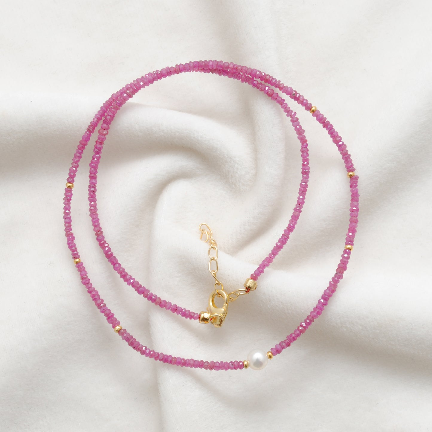 Ruby and Pearl Handmade Gemstone Necklace - Styled View