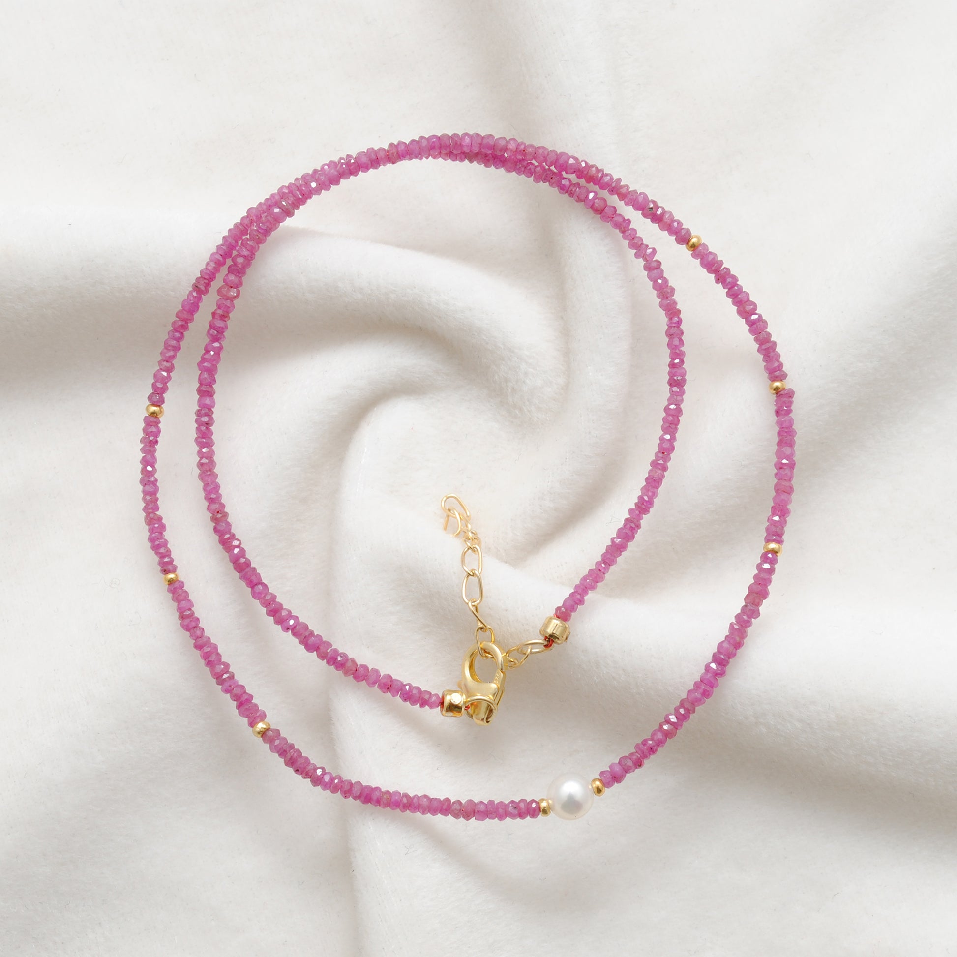 Ruby and Pearl Handmade Gemstone Necklace - Styled View