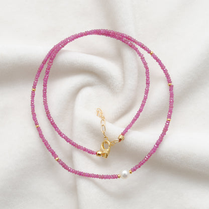 Ruby and Pearl Handmade Gemstone Necklace - Styled View