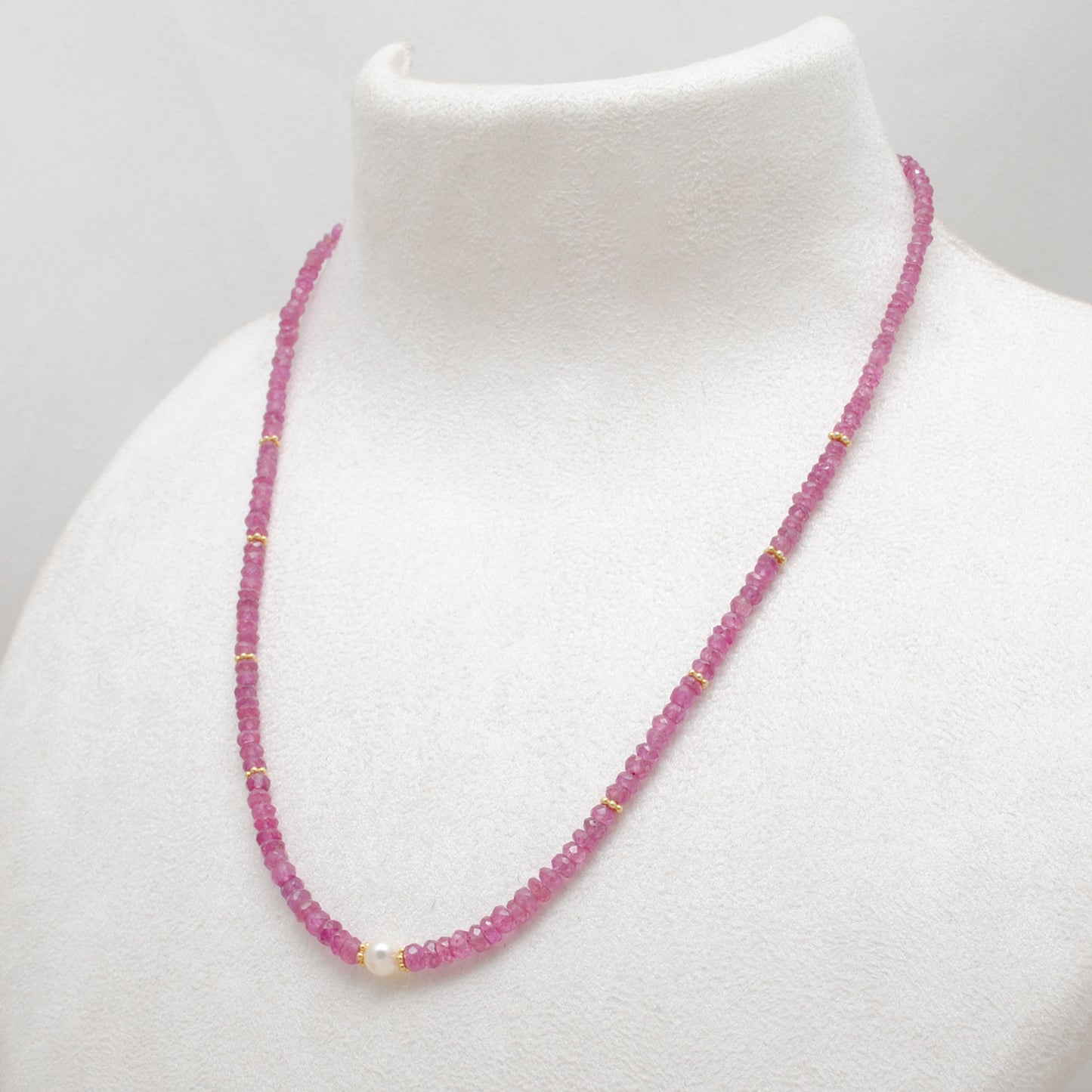 Ruby Pearl Strand Necklace - Overhead View Gemstone Jewelry