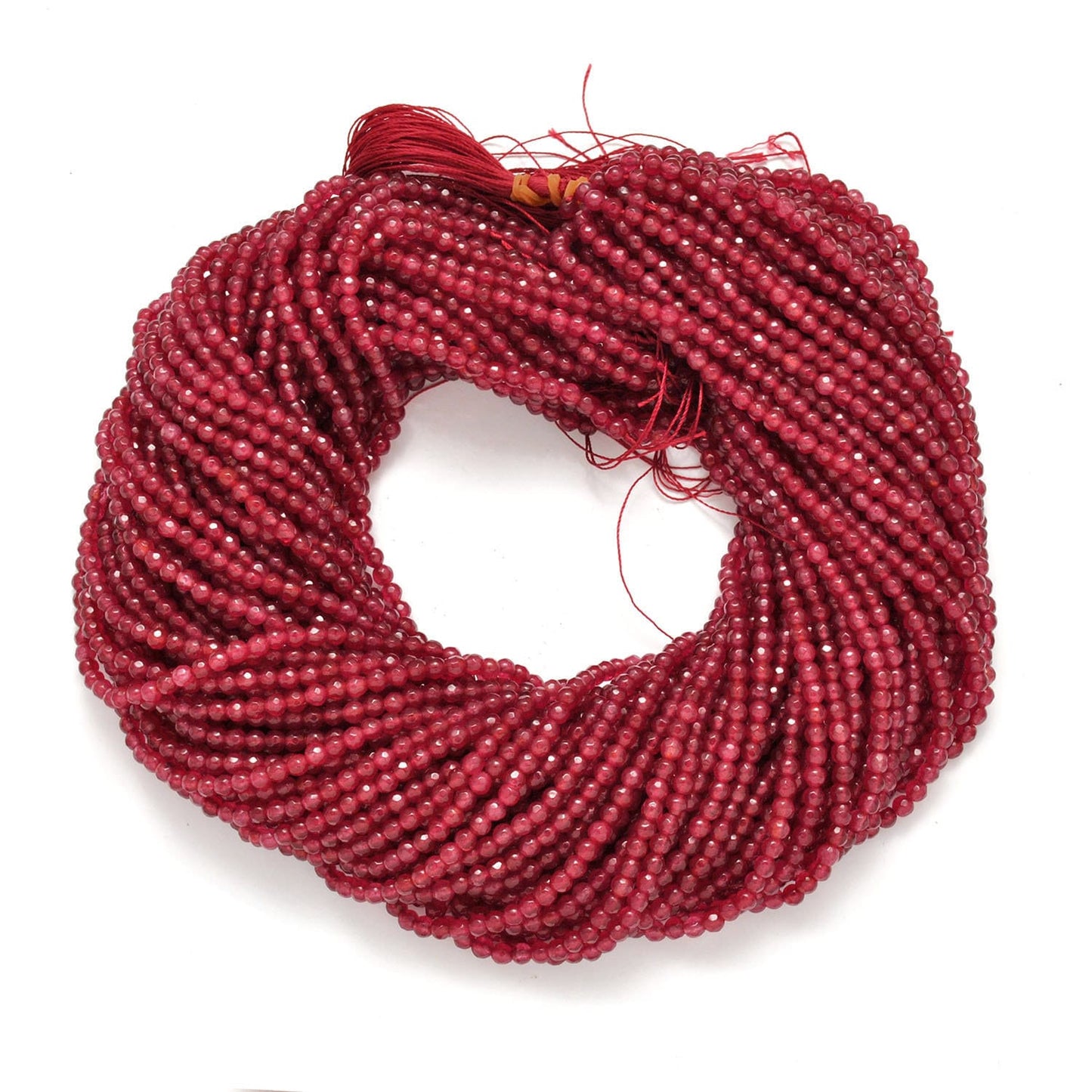 Ruby quartz round faceted beads close-up vibrant red colour 15 inch