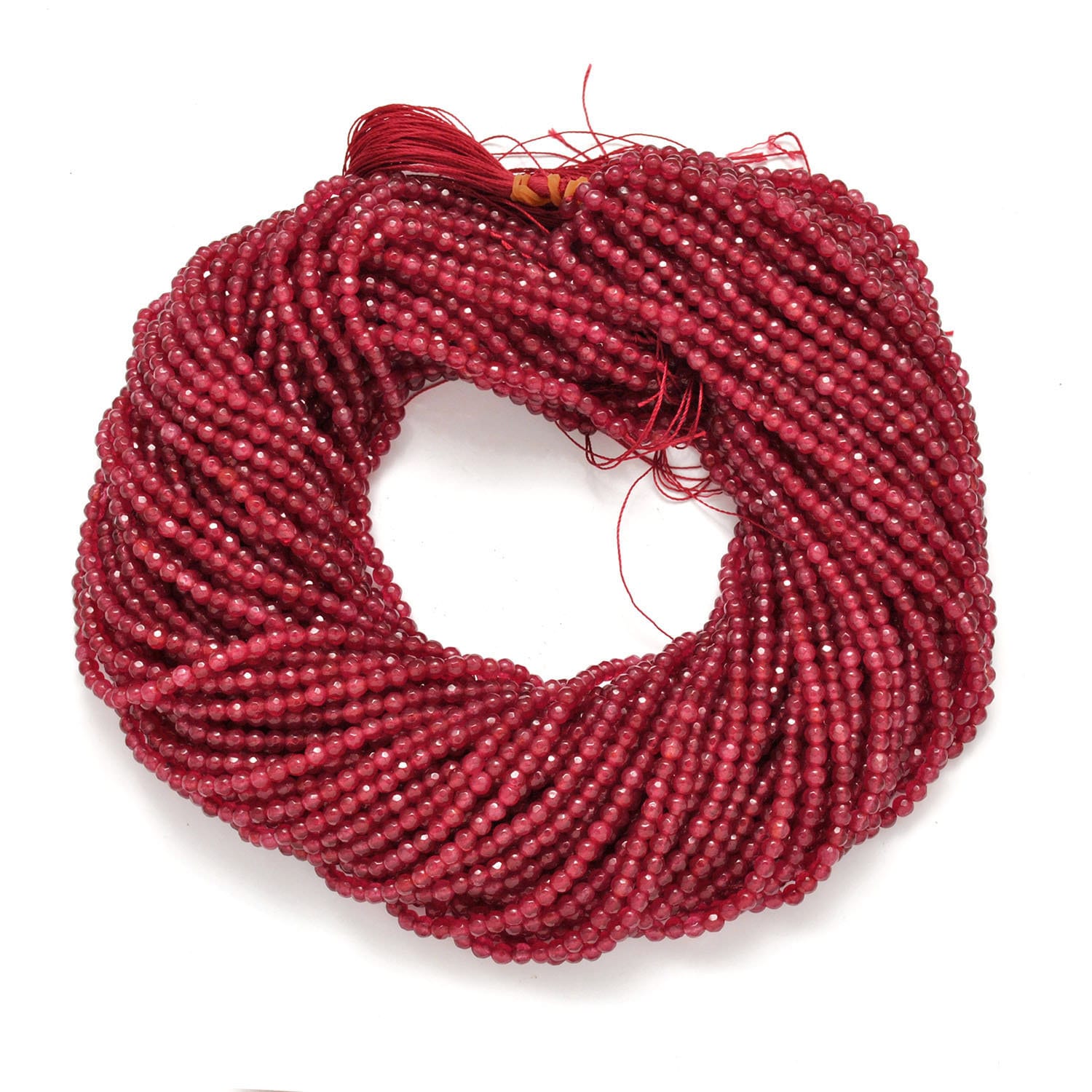 Ruby quartz round faceted beads close-up vibrant red colour 15 inch