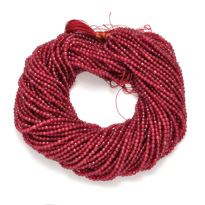 Ruby quartz round faceted beads close-up vibrant red colour 15 inch