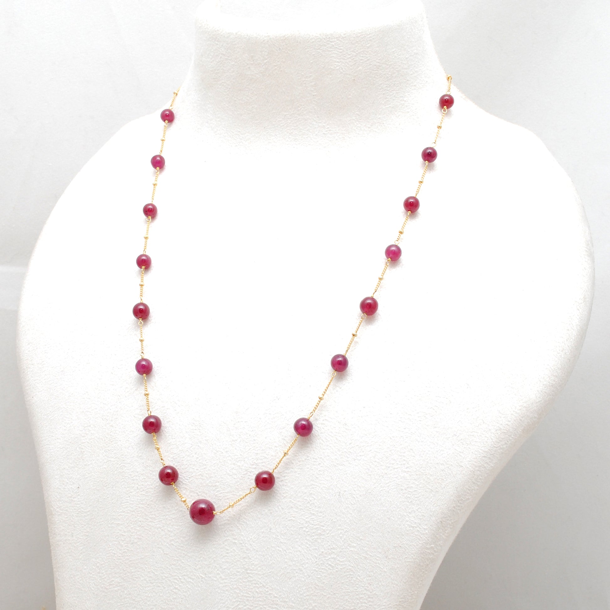 Ruby Round Ball Bead Strand Necklace - Side Profile Gold Plated
