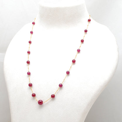 Ruby Round Ball Bead Strand Necklace - Side Profile Gold Plated