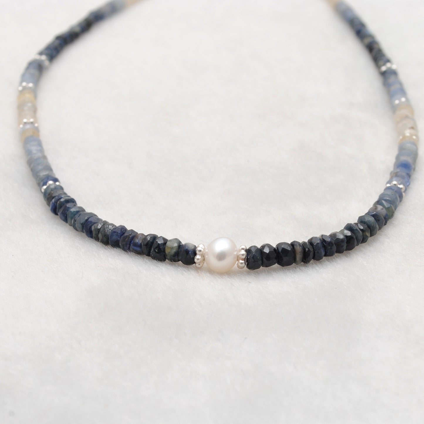 Shaded Blue Sapphire Pearl Beaded Necklace - Close-Up Faceted Rondelle