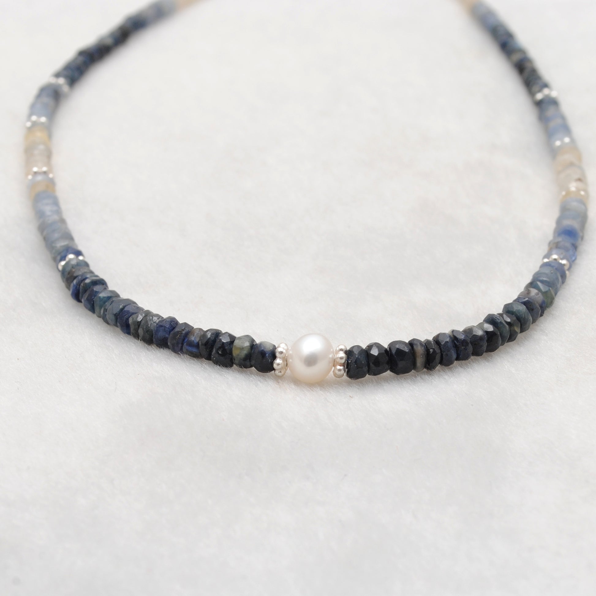 Shaded Blue Sapphire Pearl Beaded Necklace - Close-Up Faceted Rondelle