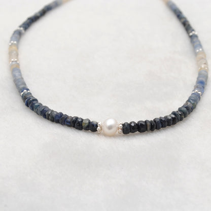 Shaded Blue Sapphire Pearl Beaded Necklace - Close-Up Faceted Rondelle