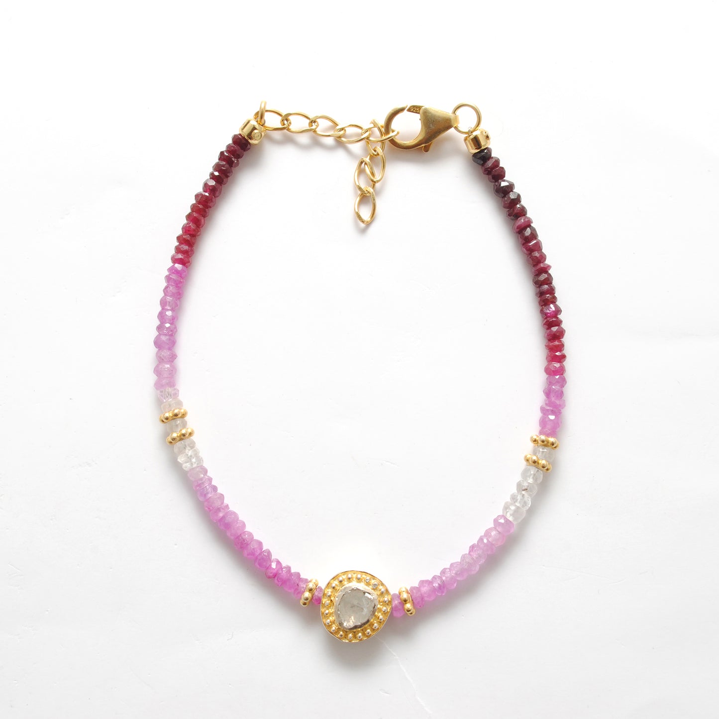 Shaded Ruby Diamond Beaded Bracelet 8 Inch - Side Profile Gemstone