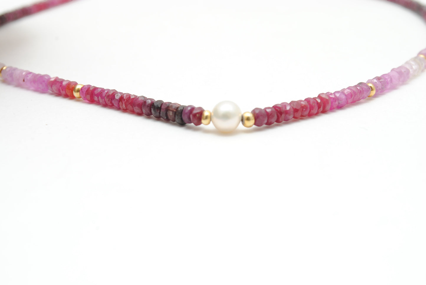 Shaded Ruby Pearl Necklace July Birthstone Gift - Overhead View