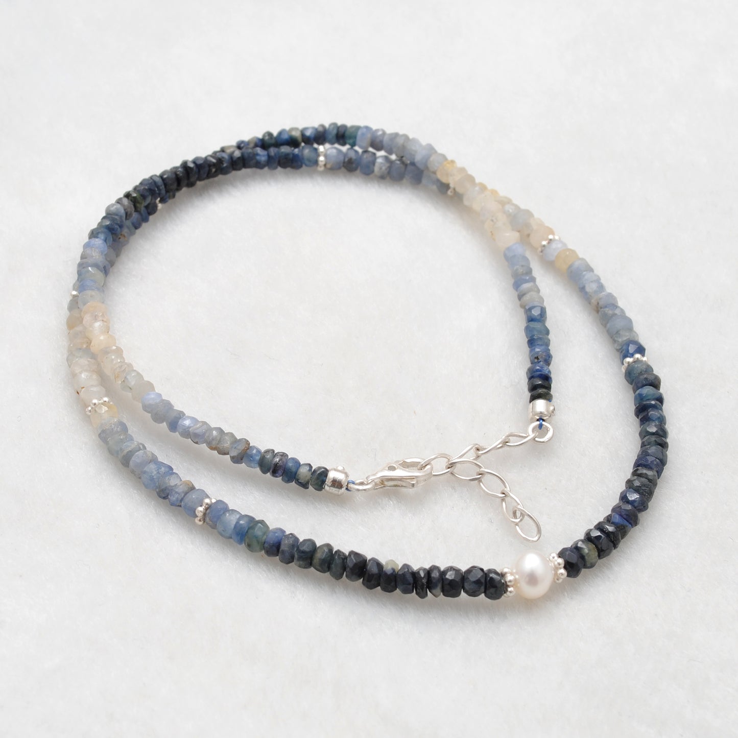 Shaded Sapphire Pearl Necklace September Birthstone - Overhead View