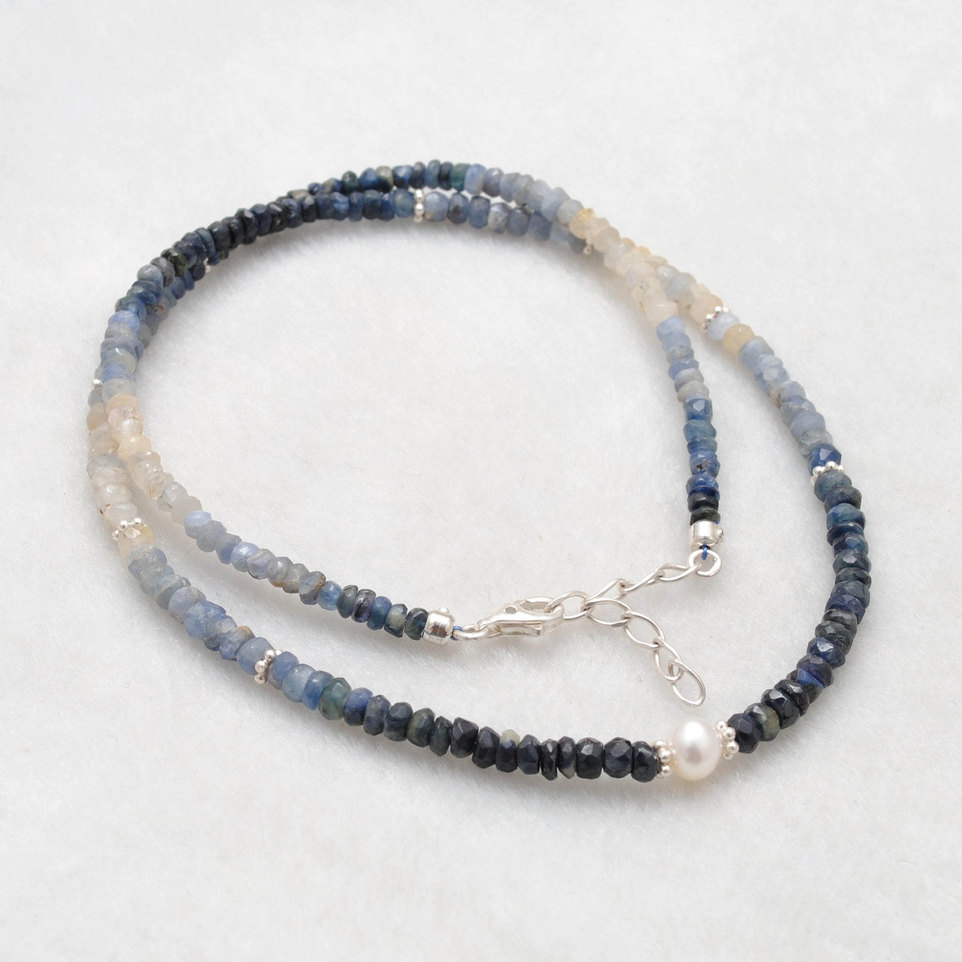 Shaded Sapphire Pearl Necklace September Birthstone - Overhead View
