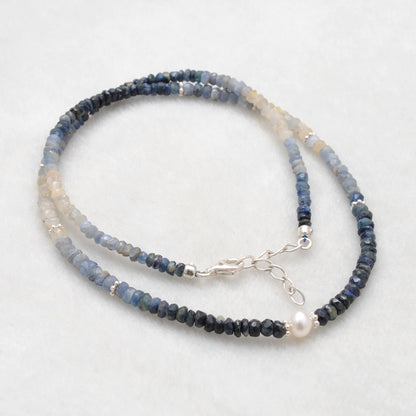 Shaded Sapphire Pearl Necklace September Birthstone - Overhead View