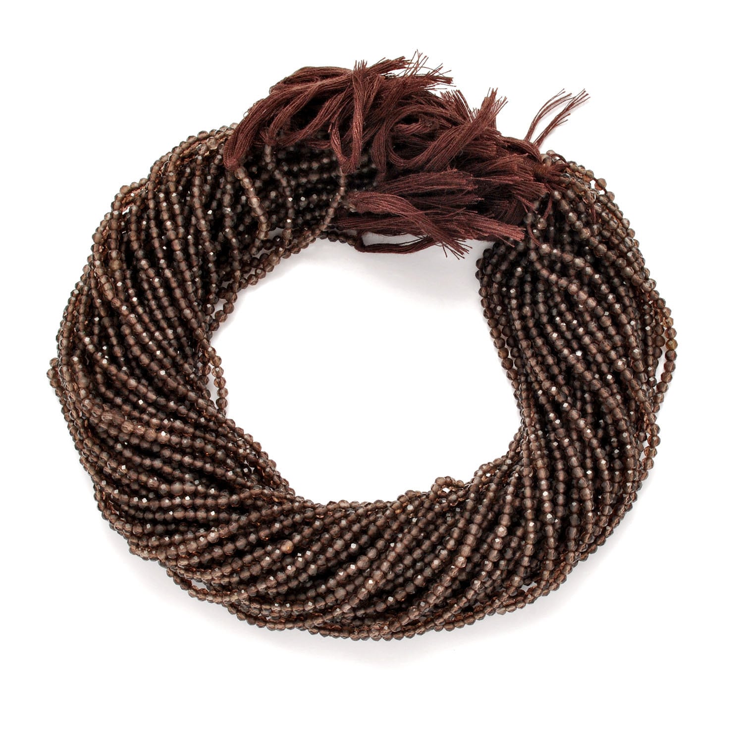 Smokey quartz faceted round beads close-up earthy brown-grey colour