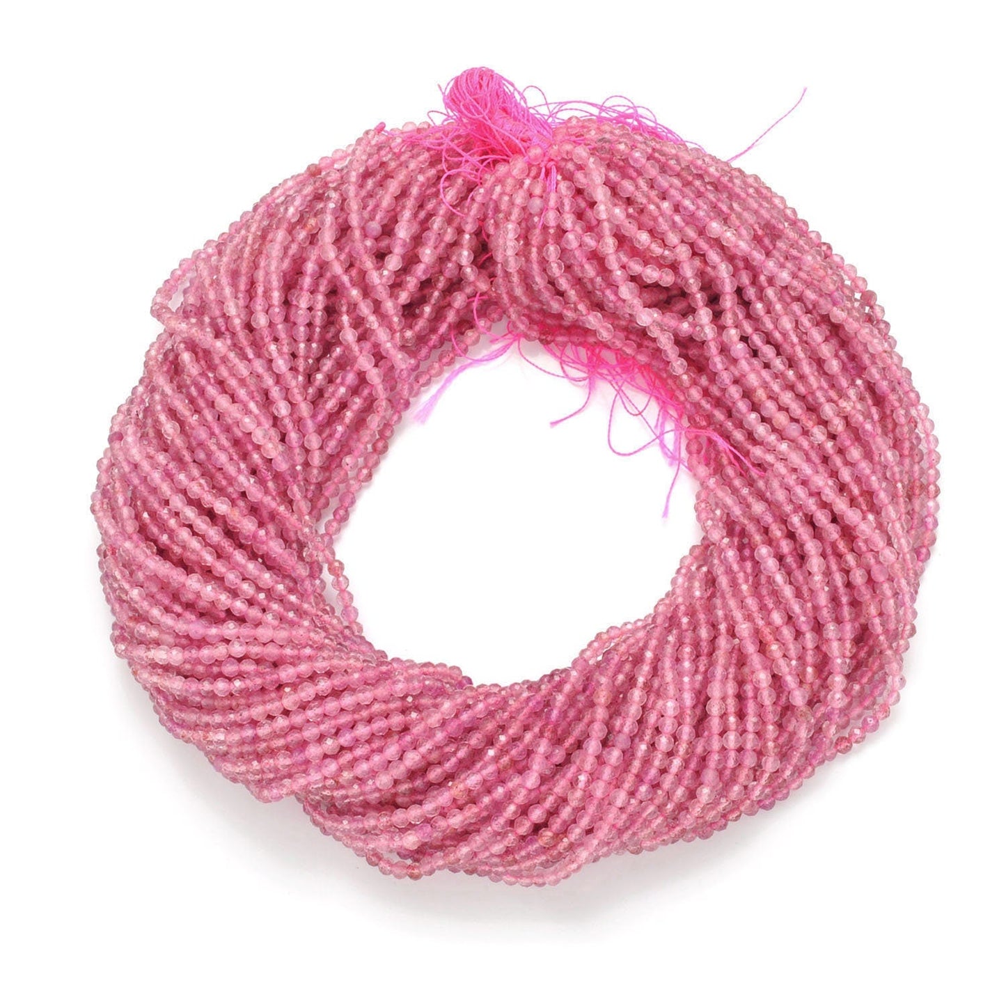 Strawberry quartz round faceted beads close-up pinkish-red inclusions