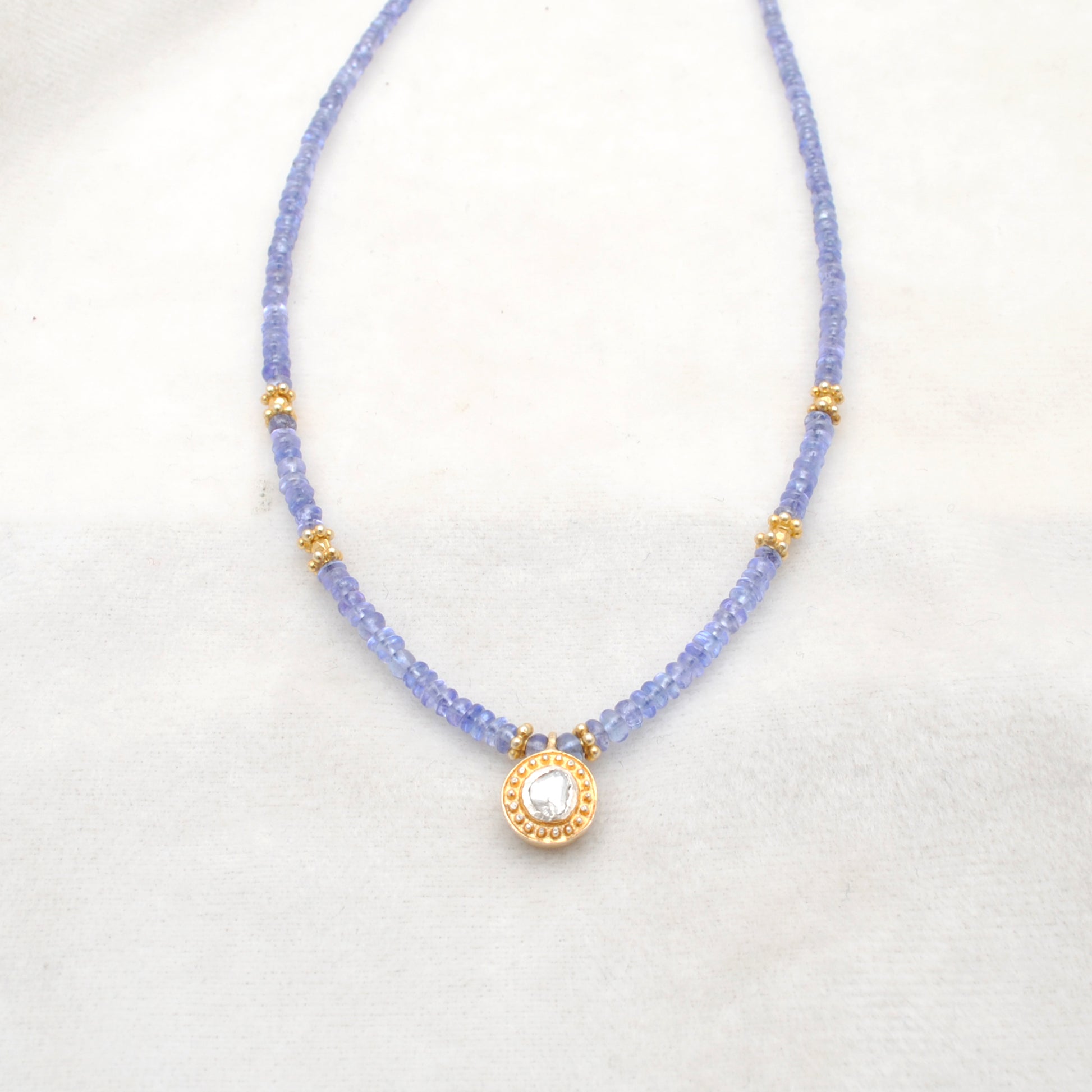 Tanzanite Diamond Pendant Necklace - Overhead View Handmade Jaipur