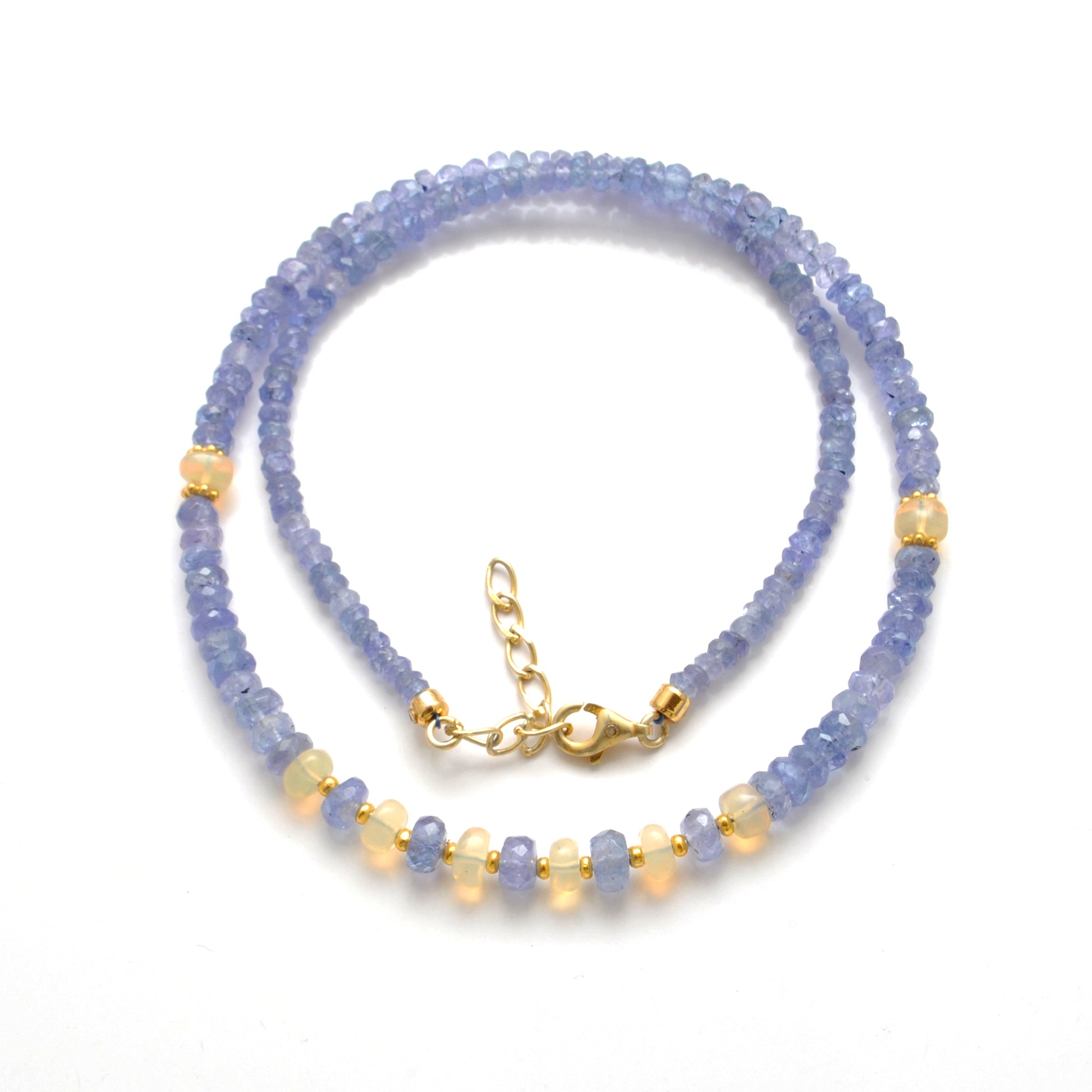 Tanzanite Opal Gold Beaded Necklace - Side Profile Gemstone