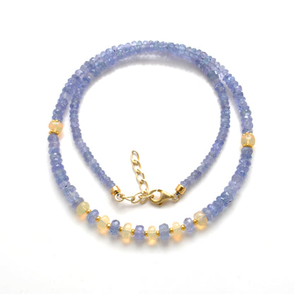 Tanzanite Opal Gold Beaded Necklace - Side Profile Gemstone