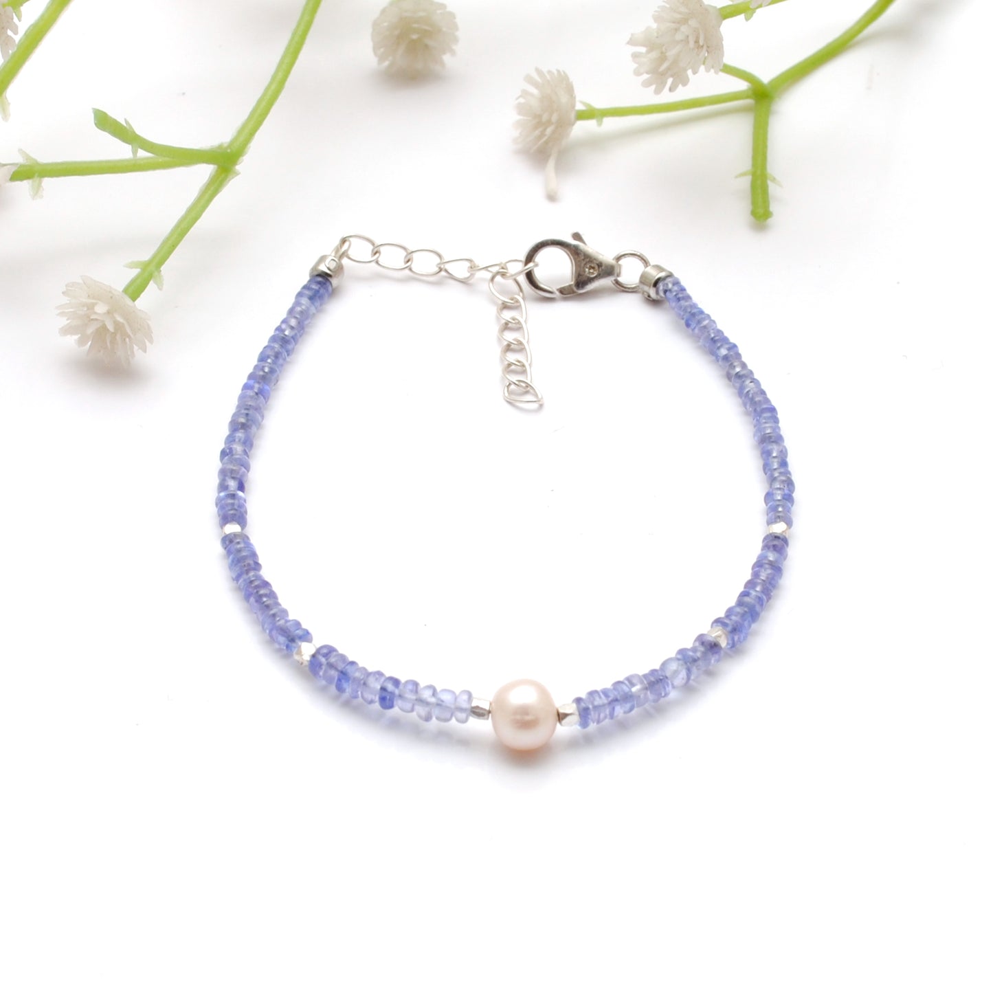 Tanzanite Pearl Beaded Bracelet - Side Profile Blue Gemstone