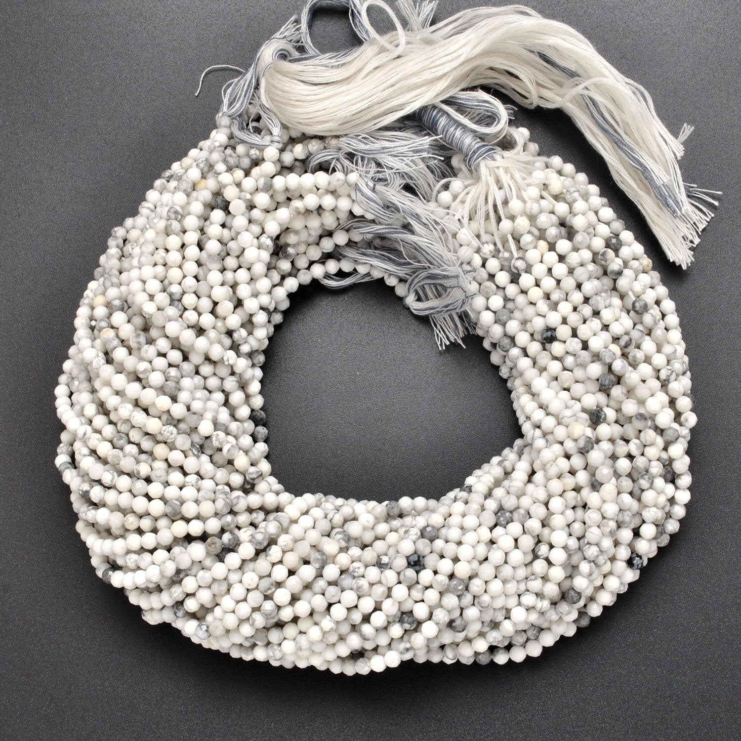 White howlite round faceted beads 12.5 inch strand - front view